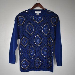 vintage Victoria Harbour sequined blue sweater with diamond pattern